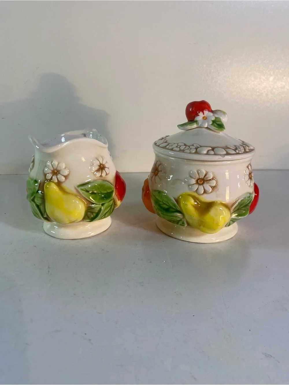 Vintage Fred Roberts Ceramic Fruit & Daisy Creamer Pitcher & Covered Sugar Bowl